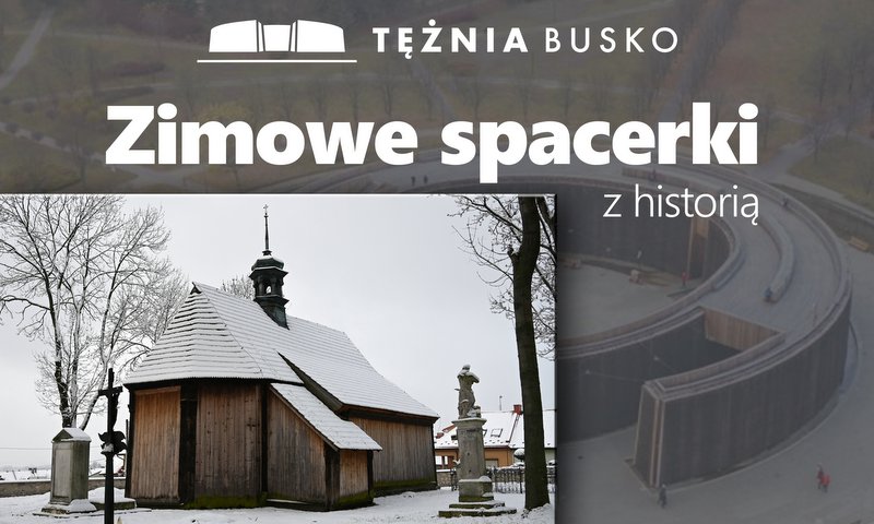 grafika promująca akcję Zimowe Spacerki z Historią, przedstawia zdjęcia atrakcji turystycznych Buska-Zdroju