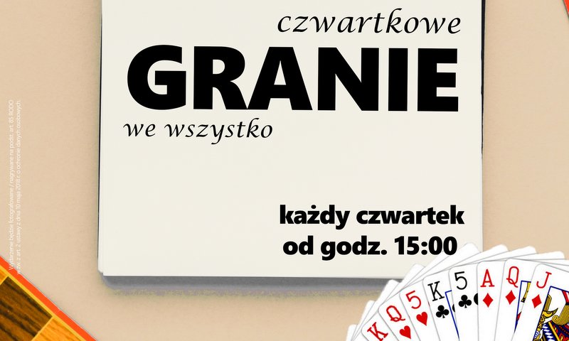 grafika promująca Czwartkowe Granie, przedstawia karty do gry i szachownicę