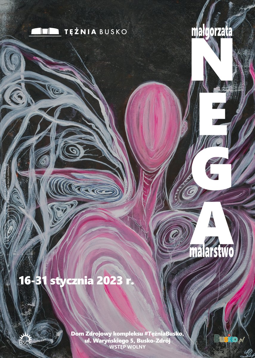 grafika promująca wystawę malarstwa, przedstawia jeden z obrazów artystki - barwną sylwetkę człowieka ze skrzydłami