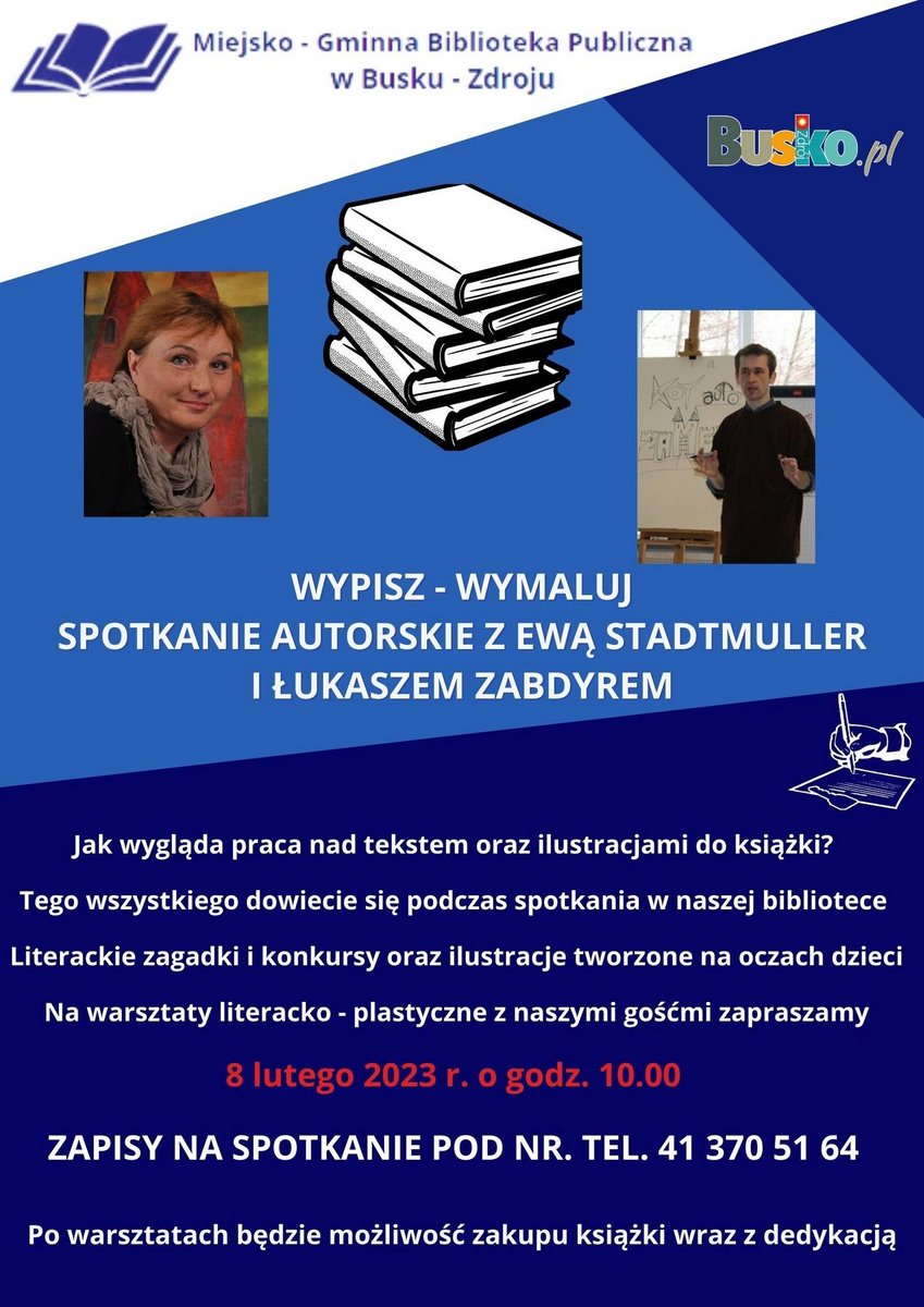 plakat promujący spotkanie autorskie, zawiera zdjęcia gości oraz graficzne elementy związane z biblioteką