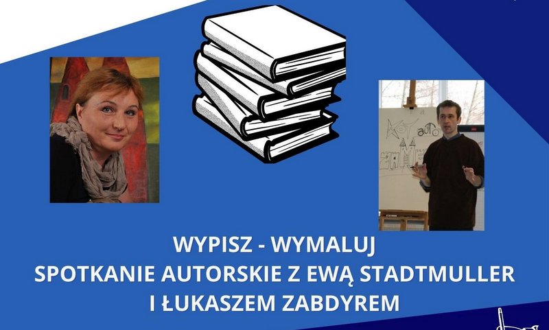 plakat promujący spotkanie autorskie, zawiera zdjęcia gości oraz graficzne elementy związane z biblioteką