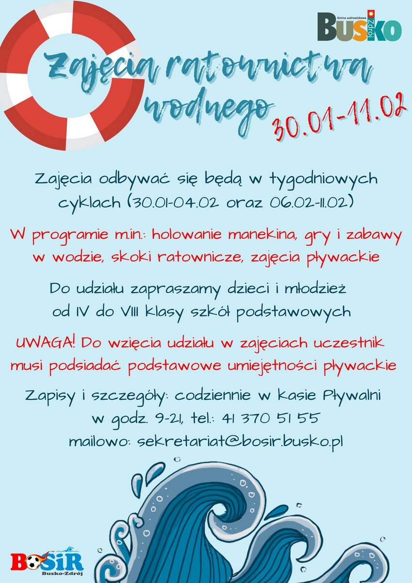 grafika promująca zajecia ratownictwa wodnego, niebieskie tło oraz koło ratunkowe