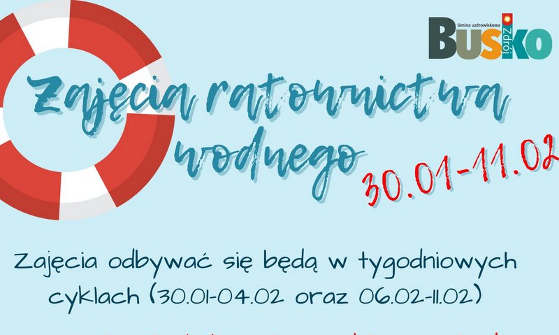 grafika promująca zajecia ratownictwa wodnego, niebieskie tło oraz koło ratunkowe