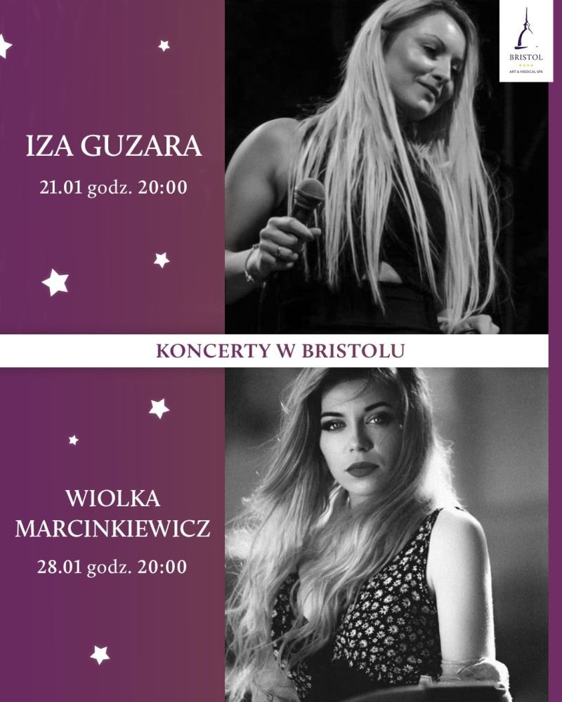 grafika promująca koncerty w hotelu Bristol, przedstawia czarno-białe zdjęcia artystek