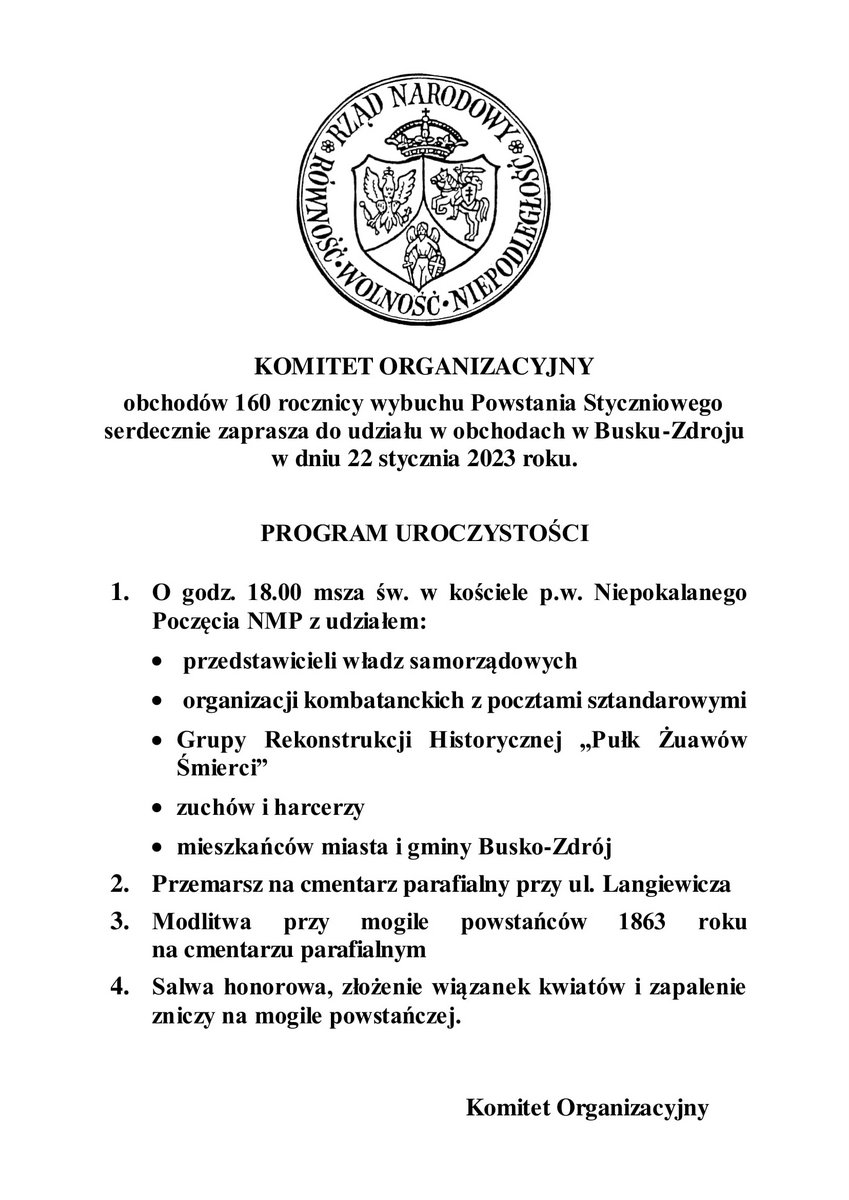 Afisz z programem obchodów rocznicy powstania styczniowego