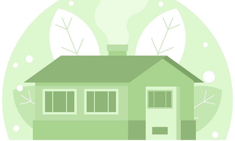 grafika w zielonych odcieniach przedstawia dom na tle liści