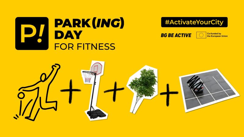 grafika promująca projekt Parking Day for Fitness, na żółtym tle piktogramy kojarzące się z aktywnością i zdrowym stylem życia