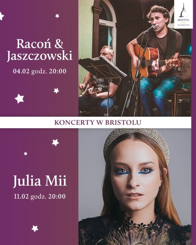 plakat promujący koncerty w Bristolu, przedstawia fotografie artystów