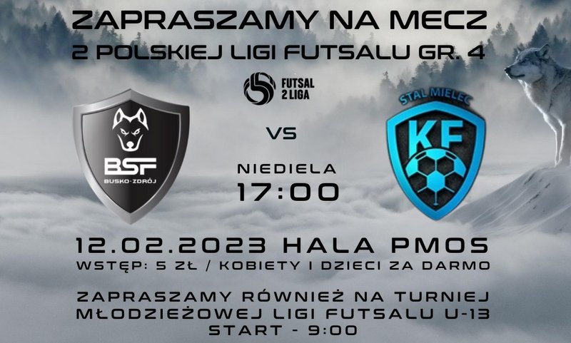 grafika promująca mecz Buskiej Ligi Futsalu, przedstawia herby drużyn przeciwników