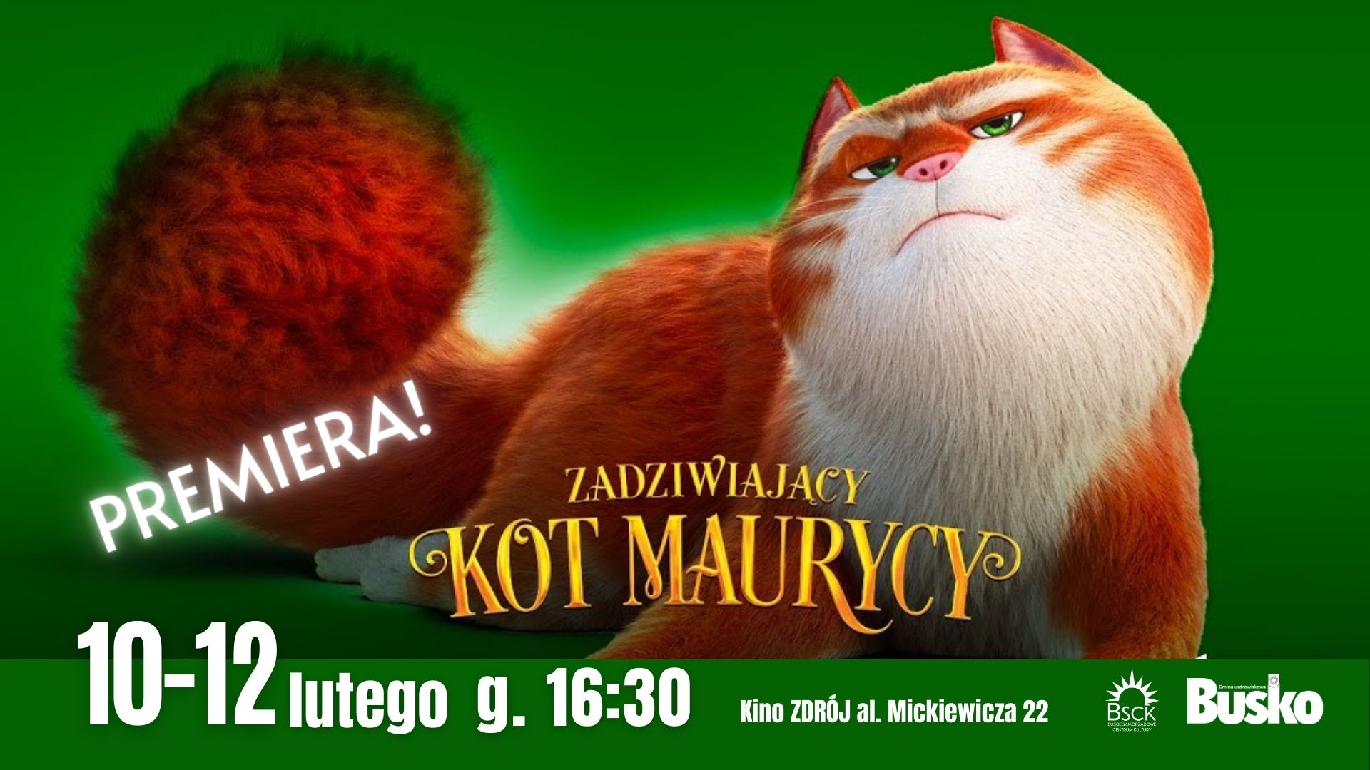 grafika promująca seans filmowy, zawiera wizerunek bajkowego kota