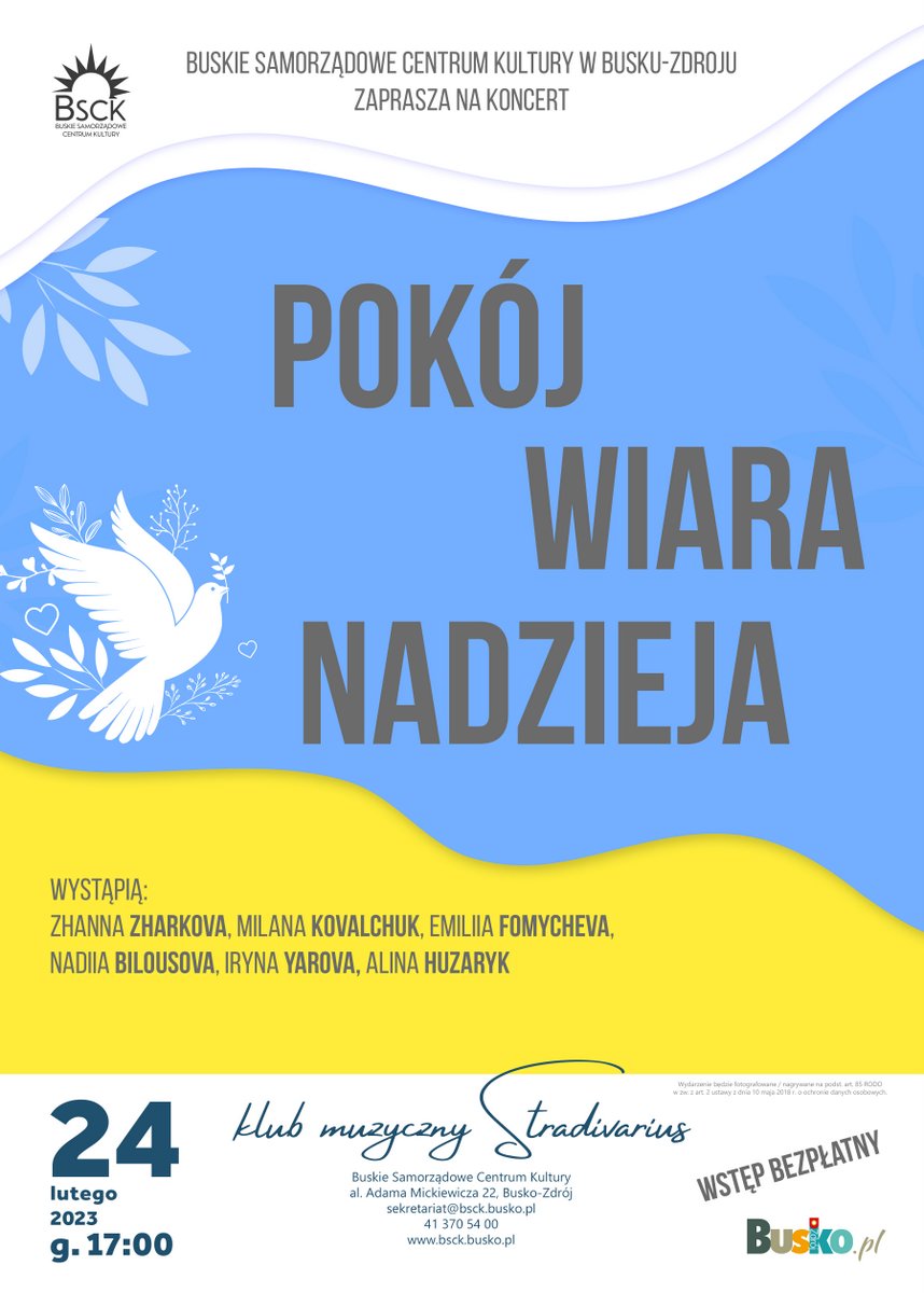 grafika promująca koncert artystów ukraińskich, niebiesko - żółta kolorystyka, wizerunek gołąbka pokoju