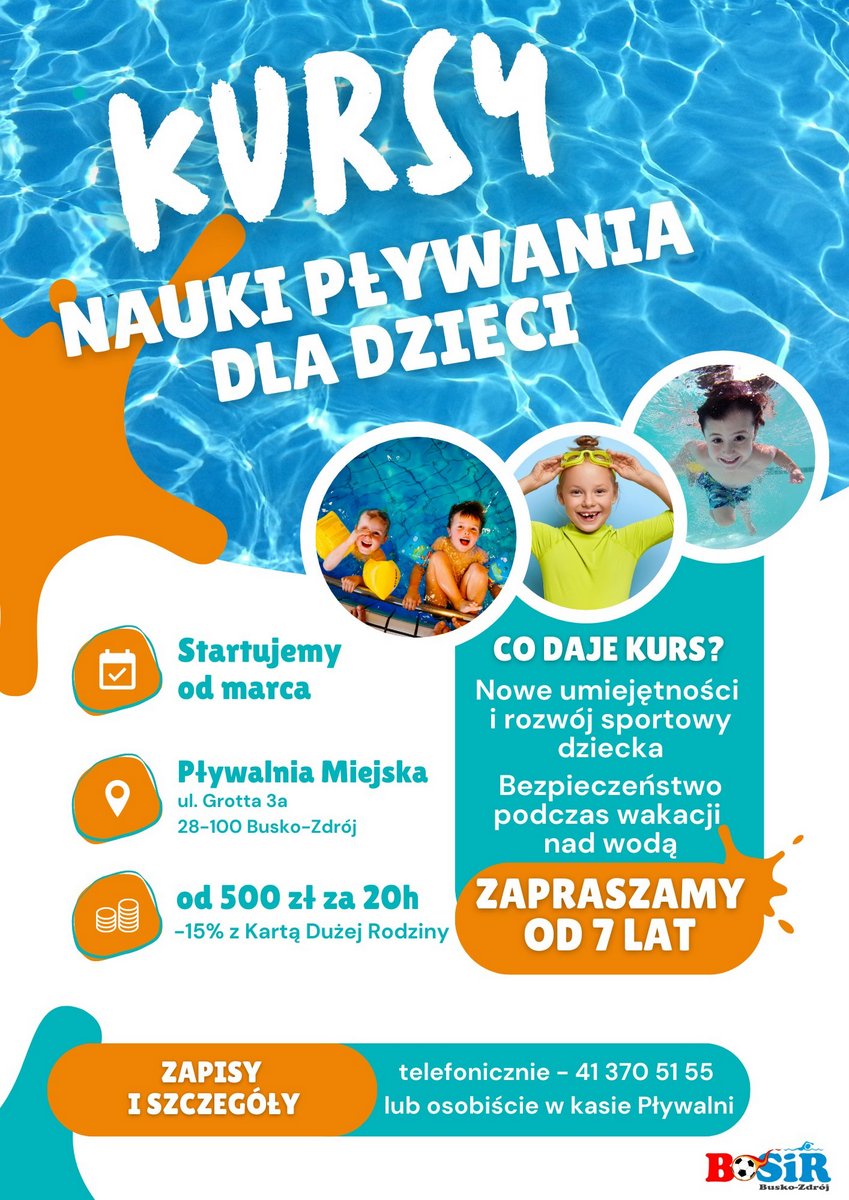 grafika promująca kurs nauki pływania, przedstawia zdjęcia basenu i dzieci