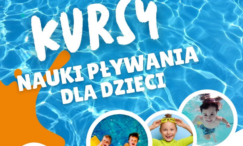 grafika promująca kurs nauki pływania, przedstawia zdjęcia basenu i dzieci