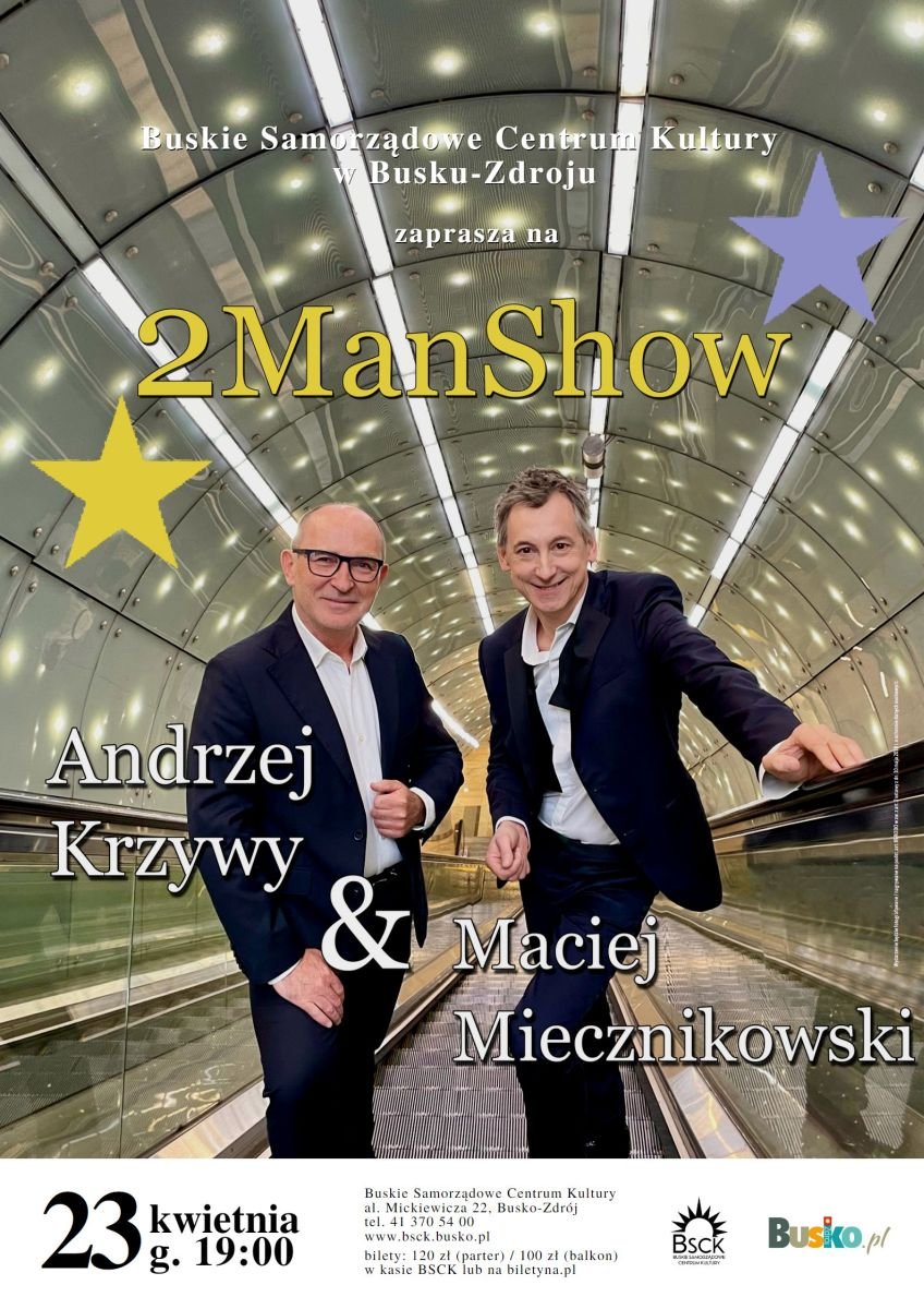 plakat promujący koncert 2manShow, przedstawia zdjęcie dwóch artystów w garniturach w tunelu podziemnym