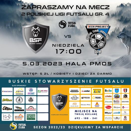 grafika promująca mecz futsalowy, przedstawia herby dwóch drużyn