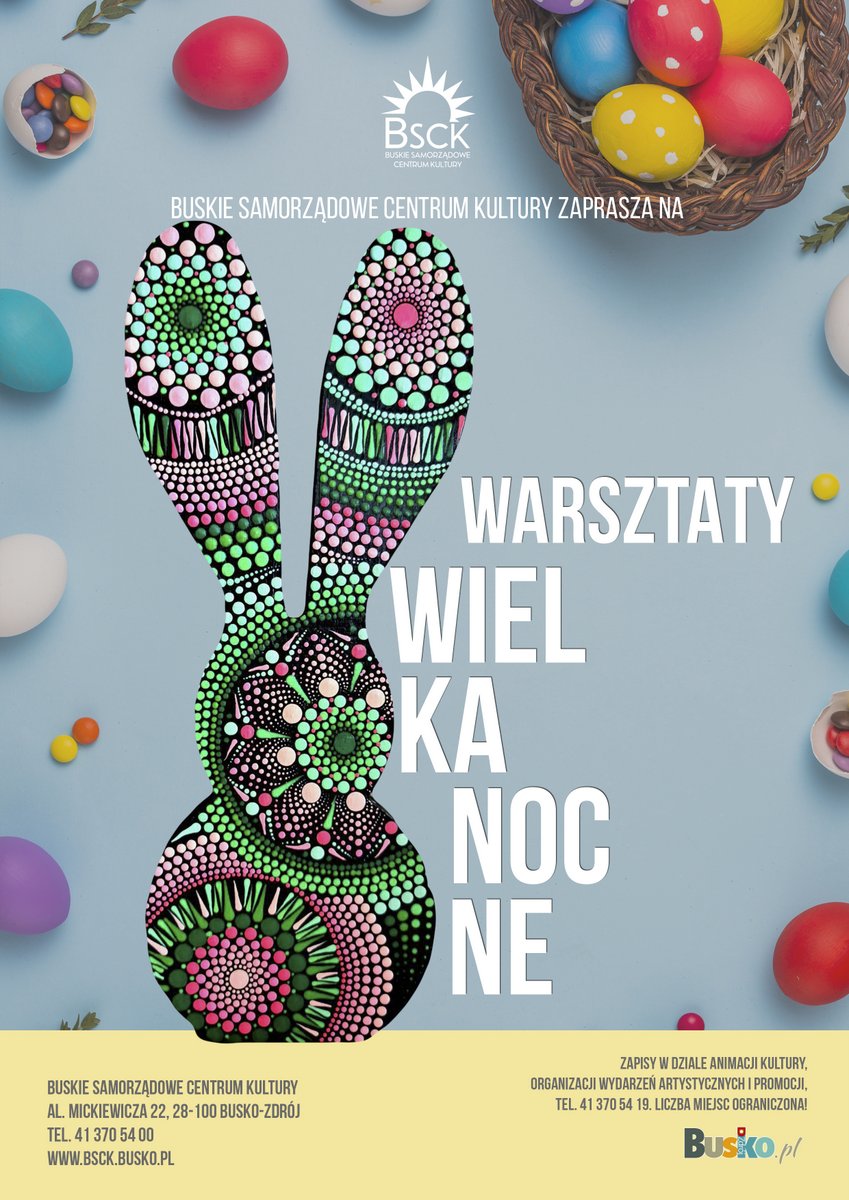 grafika promująca warsztaty świąteczne, zawiera wizerunek barwnego zająca wykonanego z kropek farby, kolorowe pisanki 