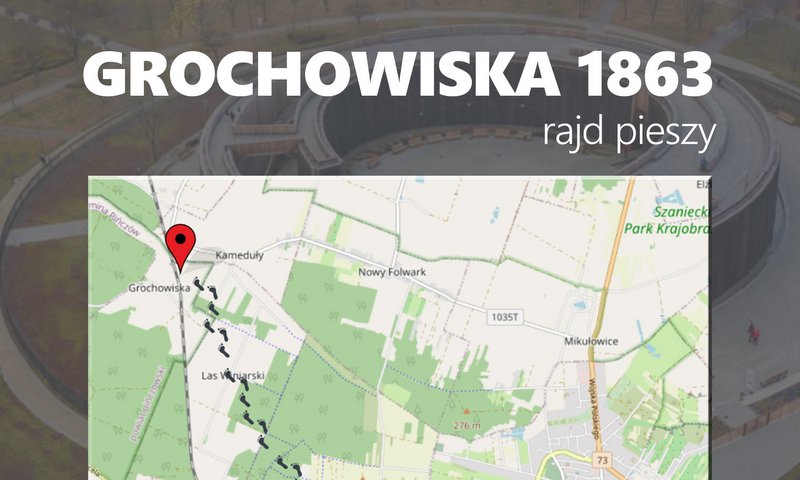 plakat promujący rajd pieszy na Grochowiska, przedstawia mapę szlaku