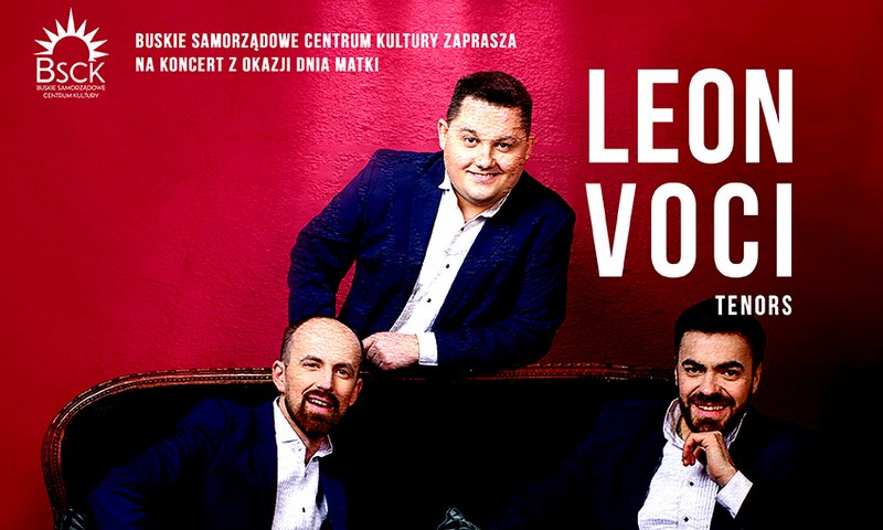 grafika promująca koncert LEON VOCI, przedstawia trzech artystów