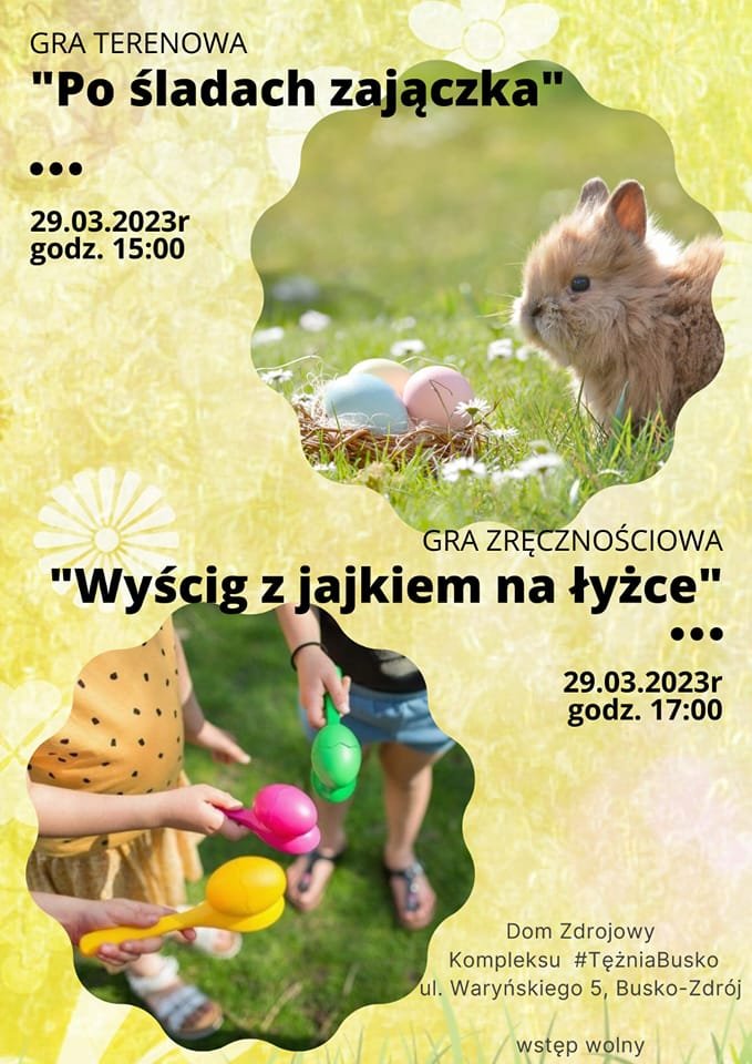 grafika promująca gry terenowe, przedstawia zajączka, kolorowe pisanki na łące oraz dzieci trzymające kolorowe pisanki