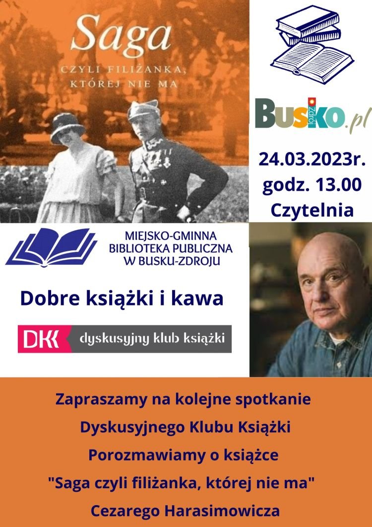 grafika promująca spotkanie dyskusyjnego klubu książki, przedstawia fragment okładki książki - archiwalne zdjęcie oraz fotografię autora książki