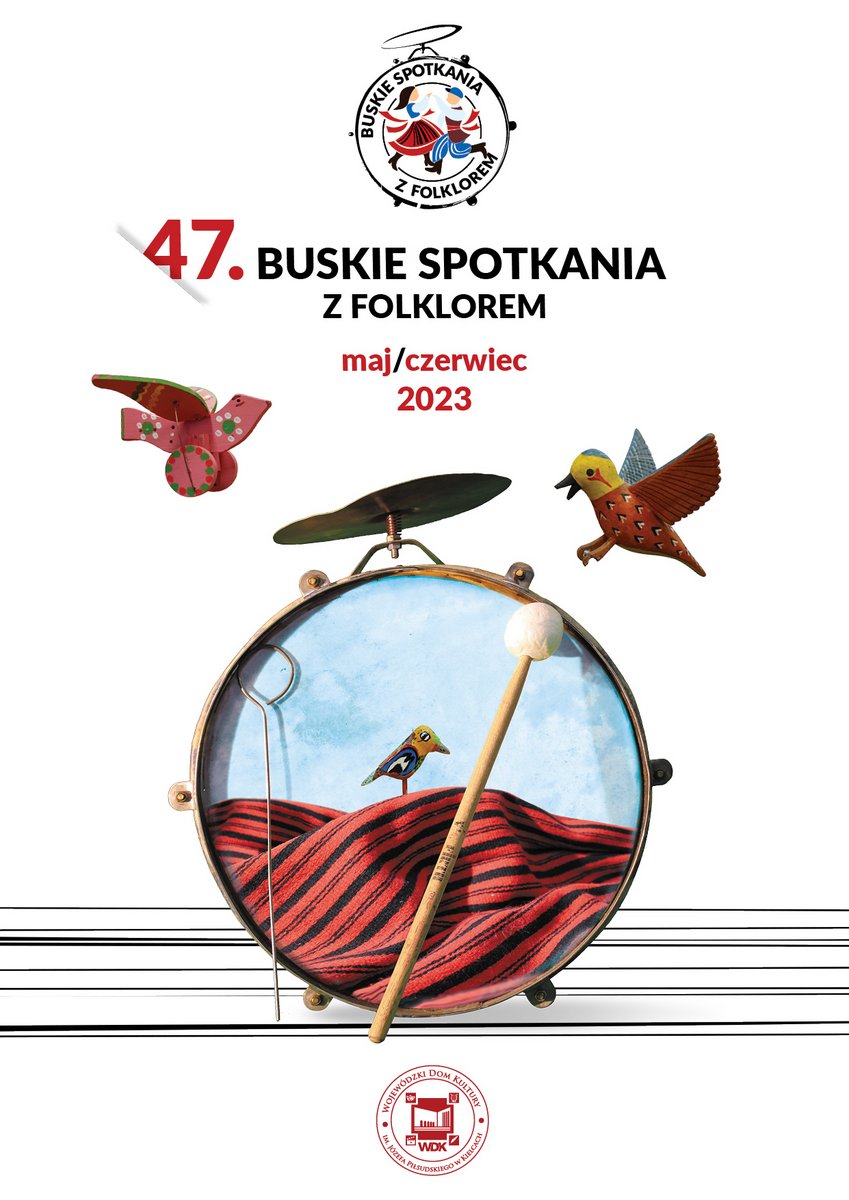 plakat promujący Buskie Spotkania z Folklorem, grafika przedstawia instrumenty oraz drewniane ozdoby ludowe