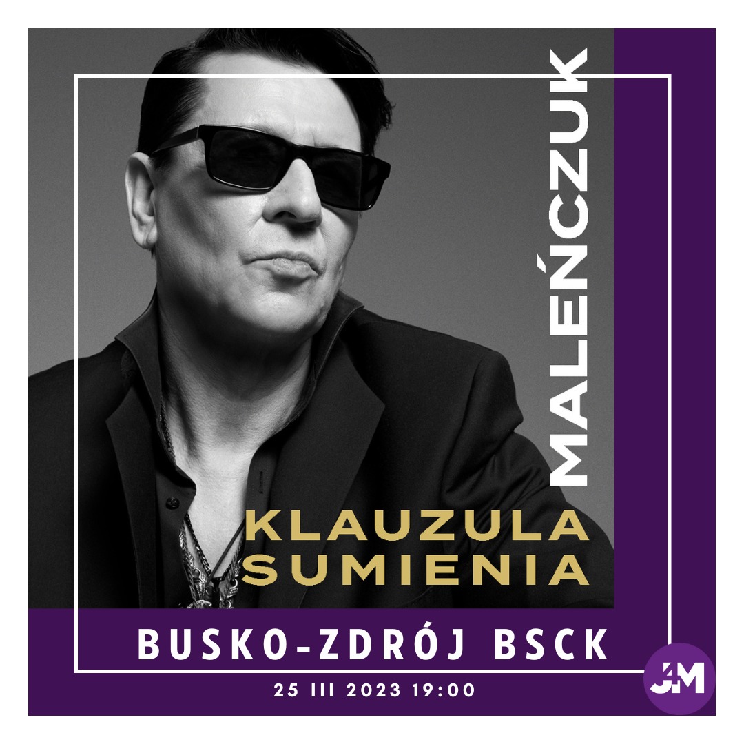 grafika promująca koncert Macieja Maleńczuka, przedstawia czarno-białe zdjęcie artysty