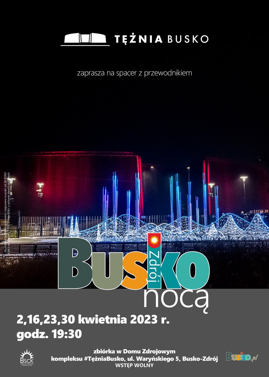 grafika promująca akcję Busko Nocą, przedstawia nocną iluminację fontanny na tle tężni