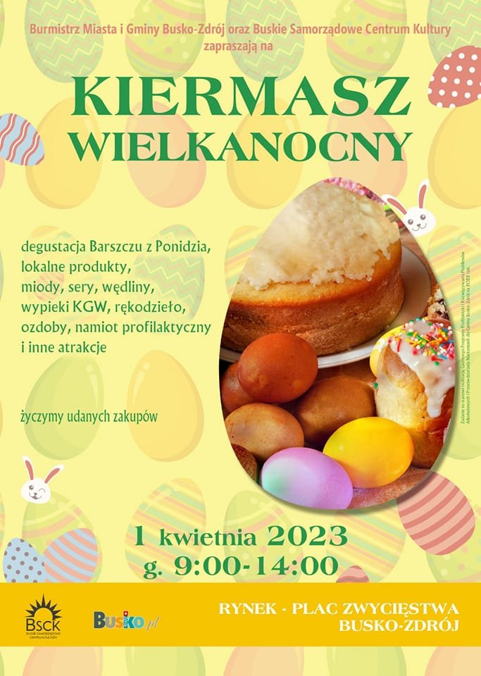 grafika promująca kiermasz wielkanocny,  kolorowe pisanki i inne elementy świąteczne