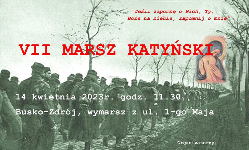 plakat informujący o Marszu Katyńskim, w tle archiwalne zdjęcie