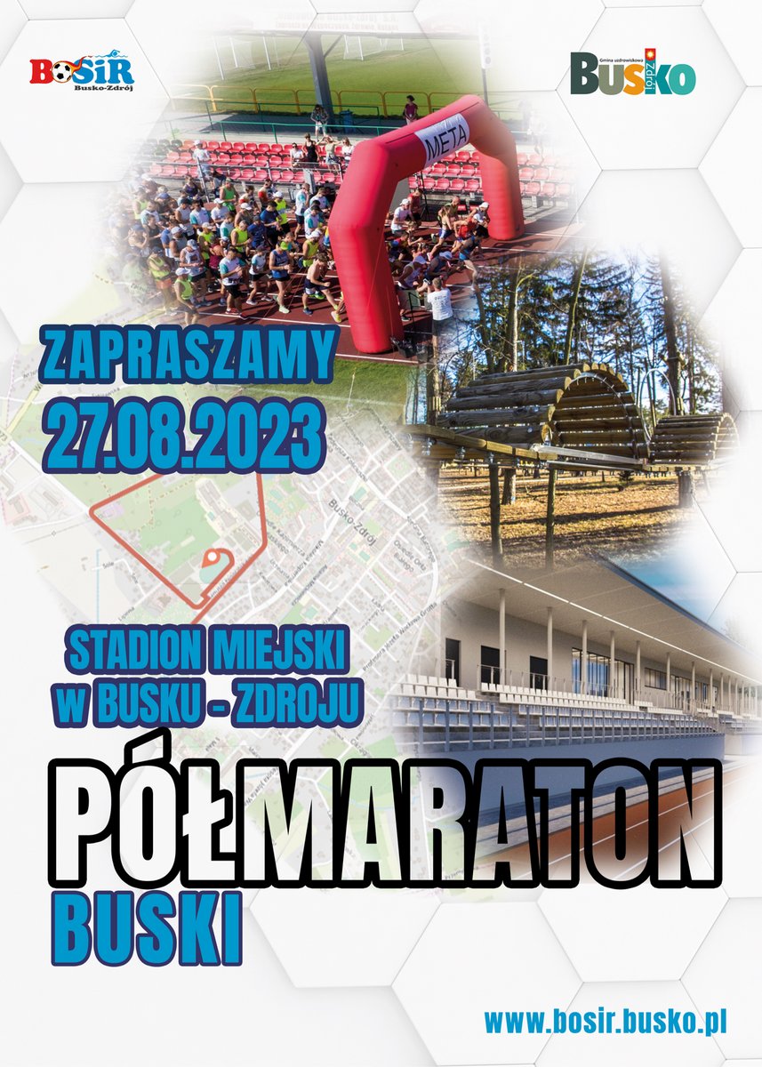 plakat promujący półmaraton buski, w tle fragment planu miasta oraz zdjęcie obiektów stadionu