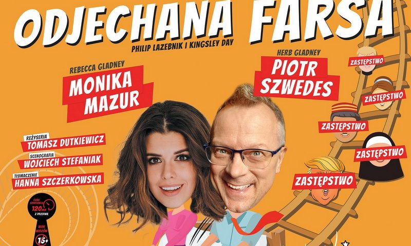 plakat promujący spektakl teatralny, fotografie aktorów, kolorowe grafiki, pomarańczowe tło