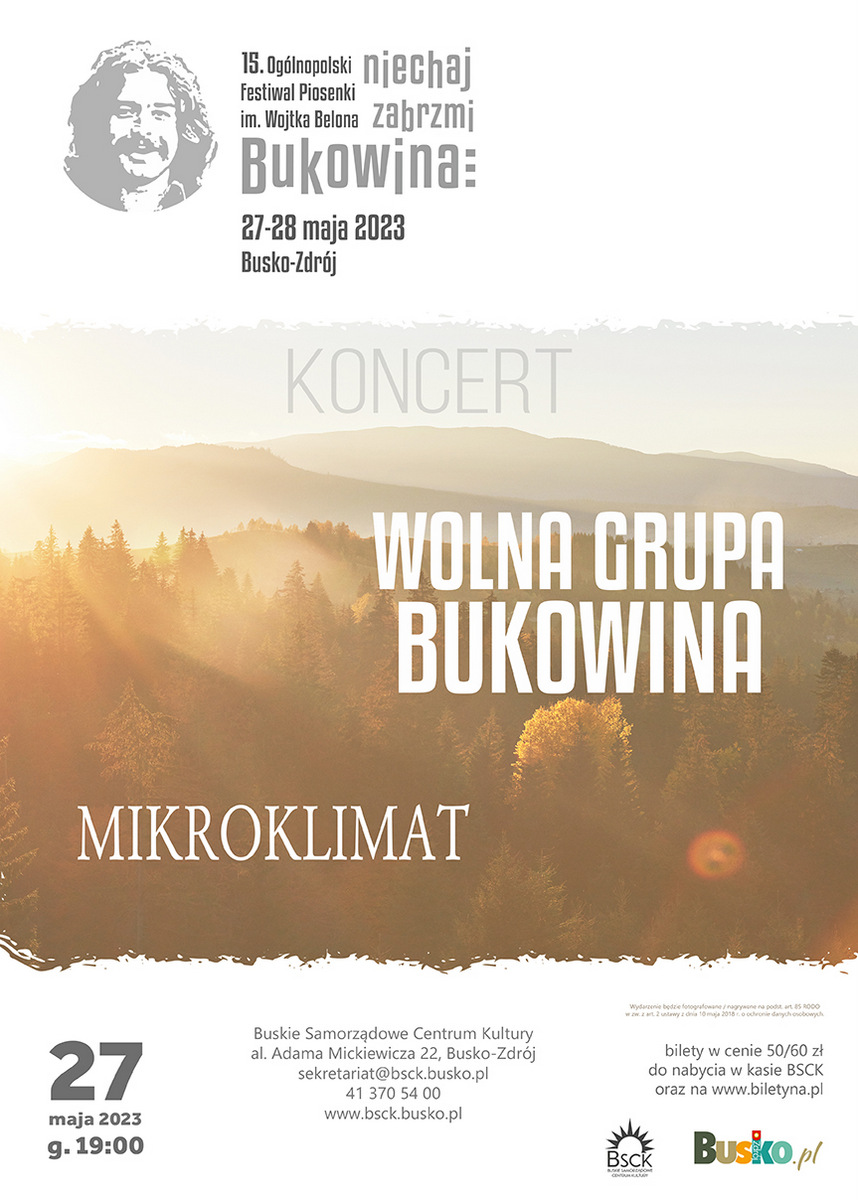 grafika promująca koncert zespołów Wolna grupa Bukowina i Mikroklimat, w tle zdjęcie Bieszczad