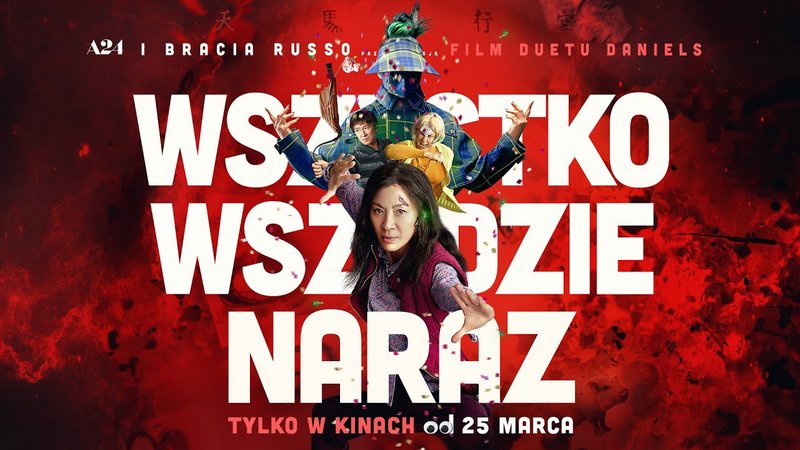 grafika promująca seans filmowy, przedstawia bohaterów, stylizowany tytuł, czerwone tło