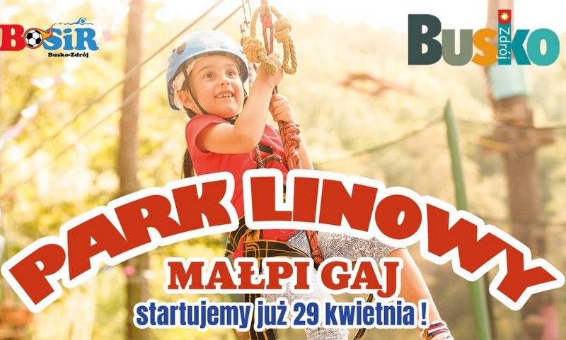 grafika promująca Park Linowy Małpi Gaj, w tle fotografia dziecka w kasku i uprzęży korzystającego z parku