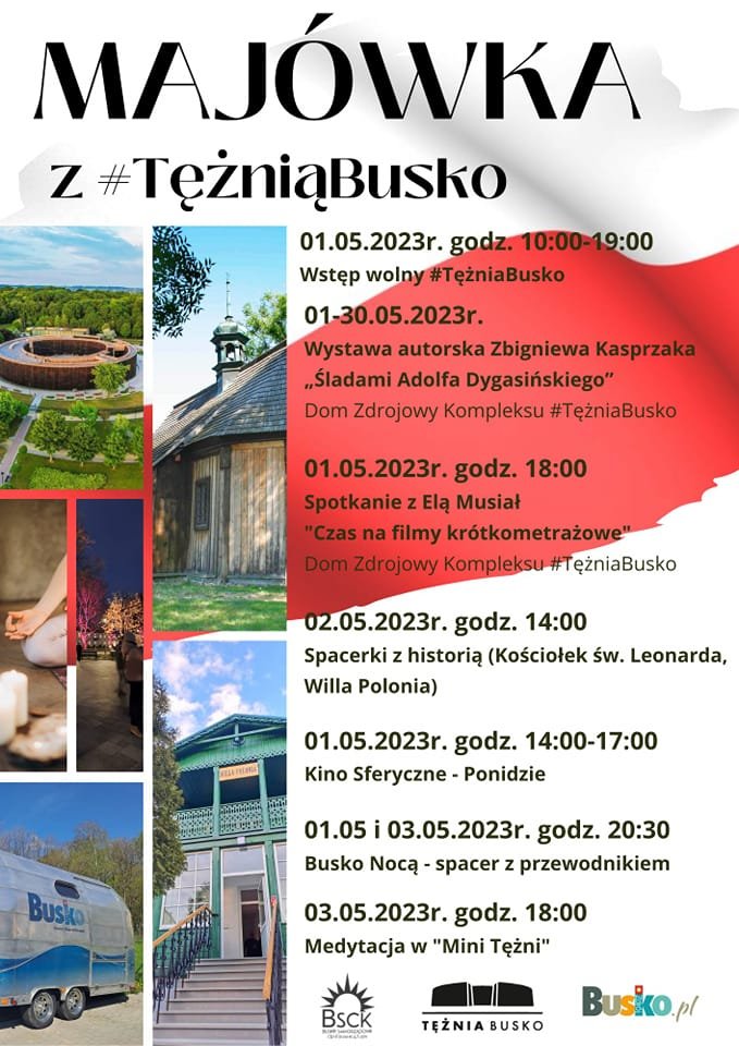 plakat promujący majówkę w Tężni Busko, w tle fotografie atrakcji turystycznych oraz flaga Polski