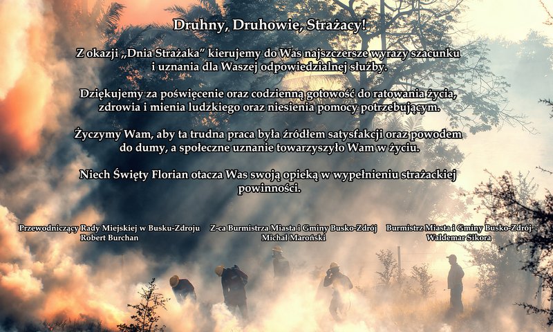 grafika z życzeniami z okazji dnia strażaka, w tle strażacy podczas akcji gaśniczej