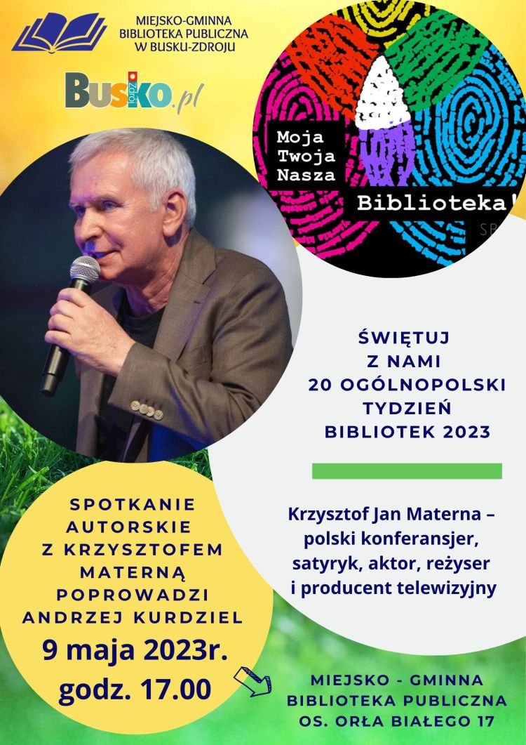 grafika promująca spotkanie autorskie z  Krzysztofem Materną, przedstawia zdjęcie artysty