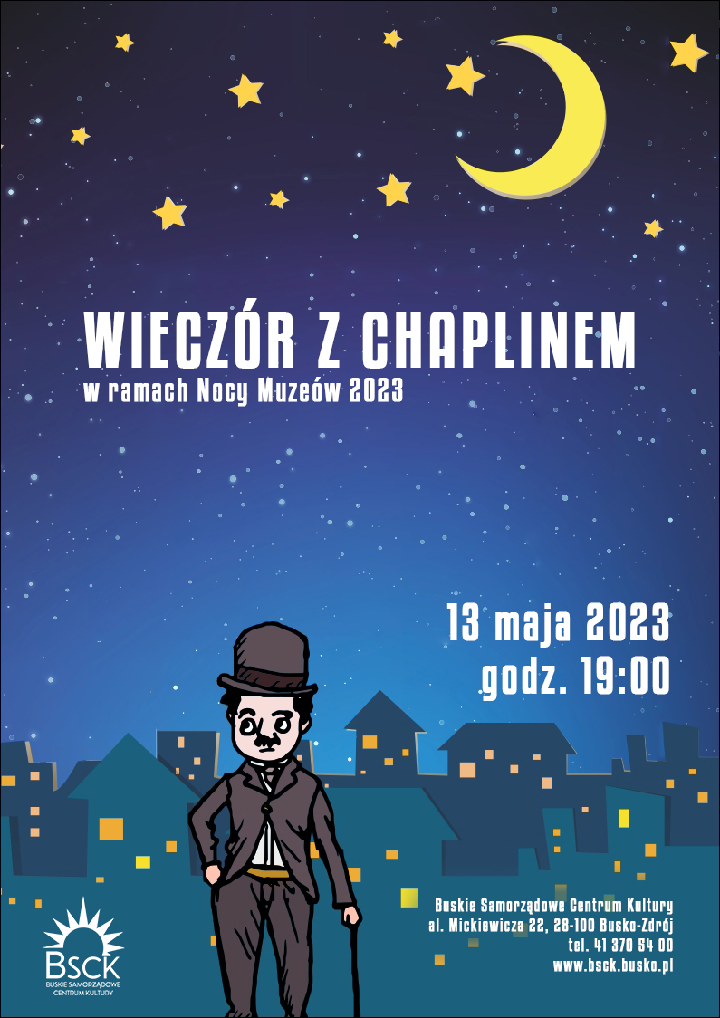 plakat promujący wieczór z filmami Chaplina