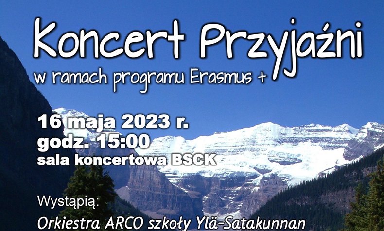 grafika promująca koncert przyjaźni, w tle zdjęcie krajobrazu górskiego