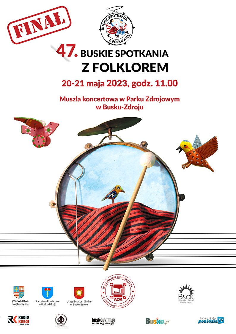 plakat promujący Buskie Spotkania z Folklorem, grafika przedstawia instrumenty oraz drewniane ozdoby ludowe