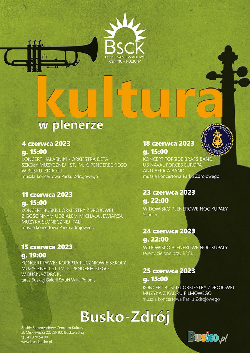 plakat promujący cykl wydarzeń plenerowych, zielone tło, kontury instrumentów muzycznych