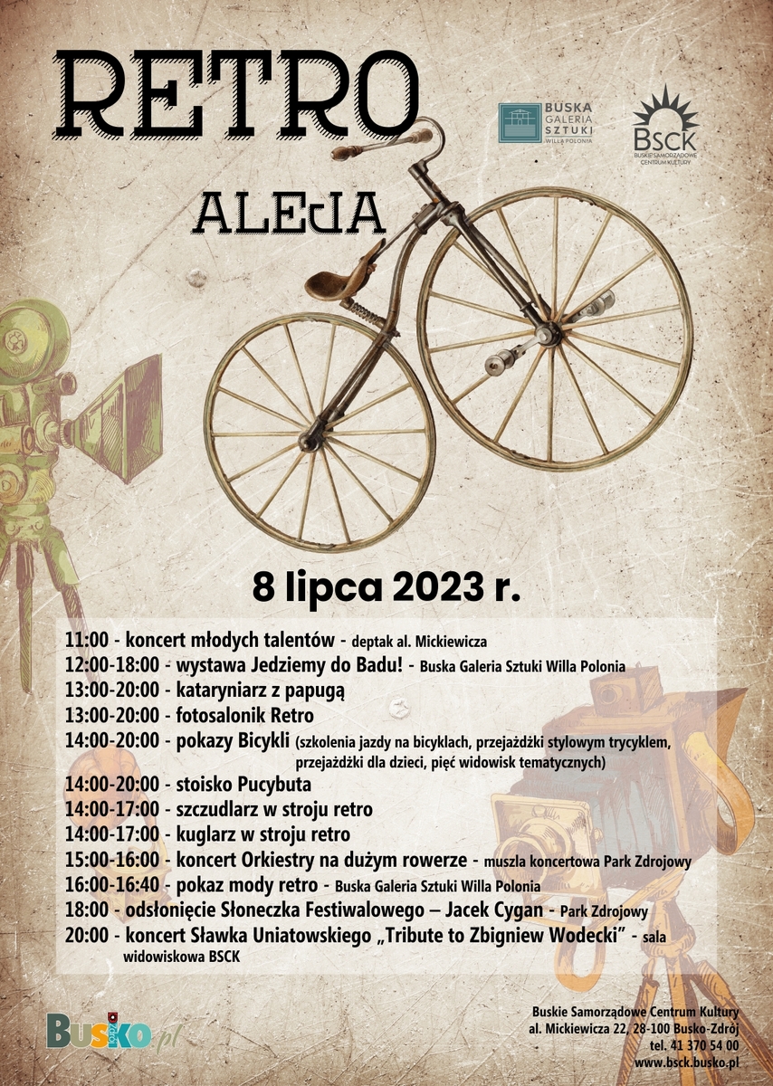 grafika promująca wydarzenie Retro aleja 2023, w tle bicykl