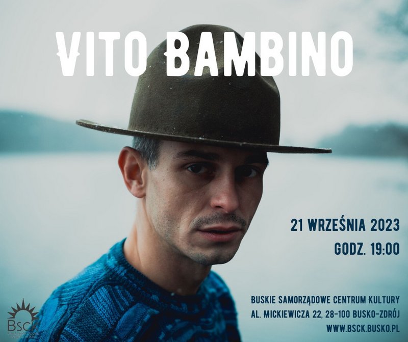 grafika promująca koncert Vito Bambino, zdjęcie artysty w kapeluszu