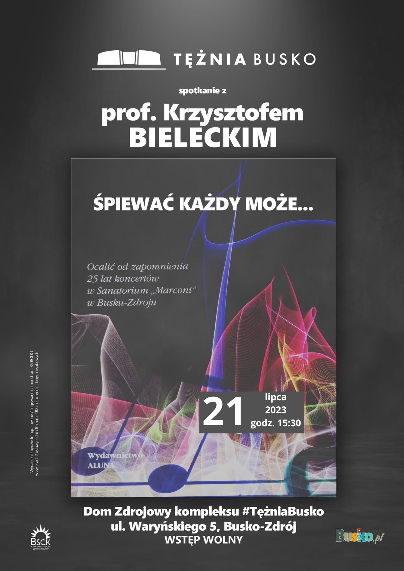 Plakat promujący spotkanie autorskie z Krzysztofem Bieleckim,  przedstawia okładkę książki