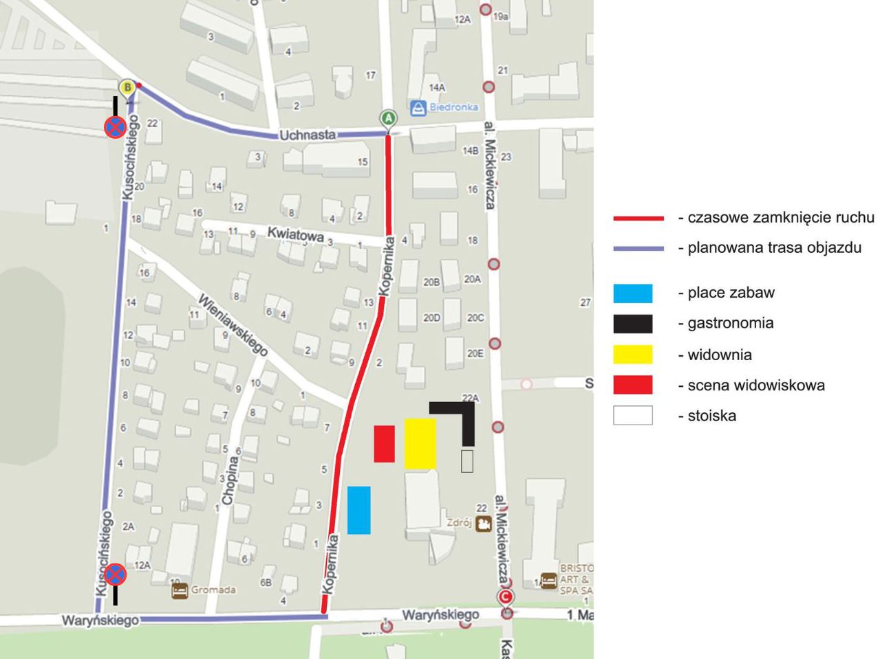 mapa informująca o zamkniętej ulicy