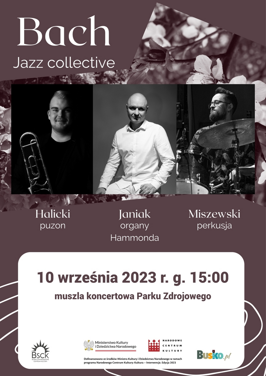 grafika promująca koncert BAch na jazzowo, zdjęcia trzech muzyków