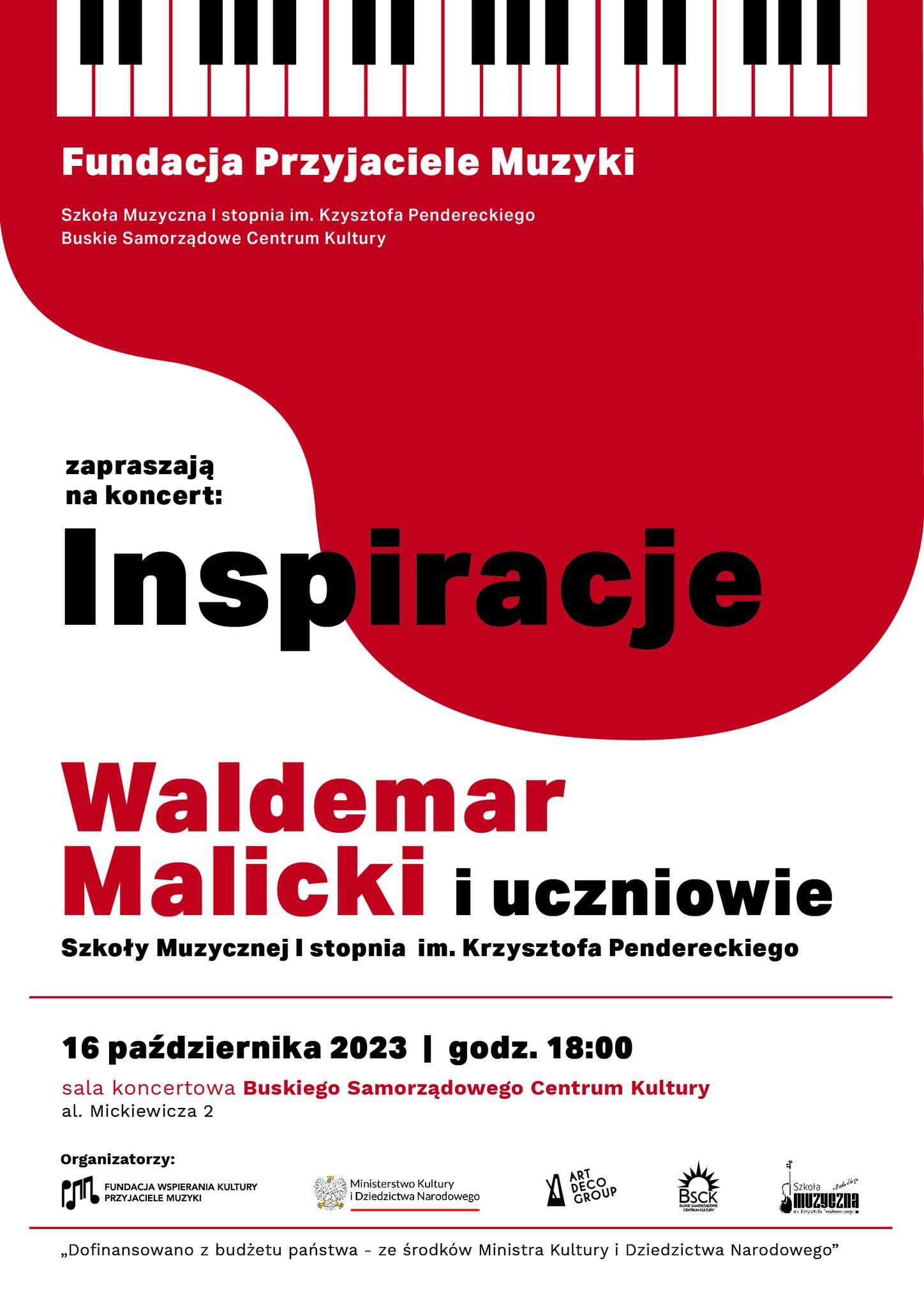 plakat promujący koncert pt. Inspiracje, biało czerwona grafika, stylizowany fortepian