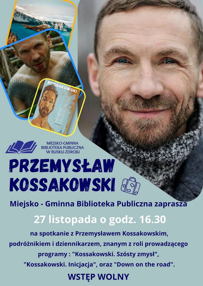 grafika promująca spotkanie z Przemkiem Kossakowskim