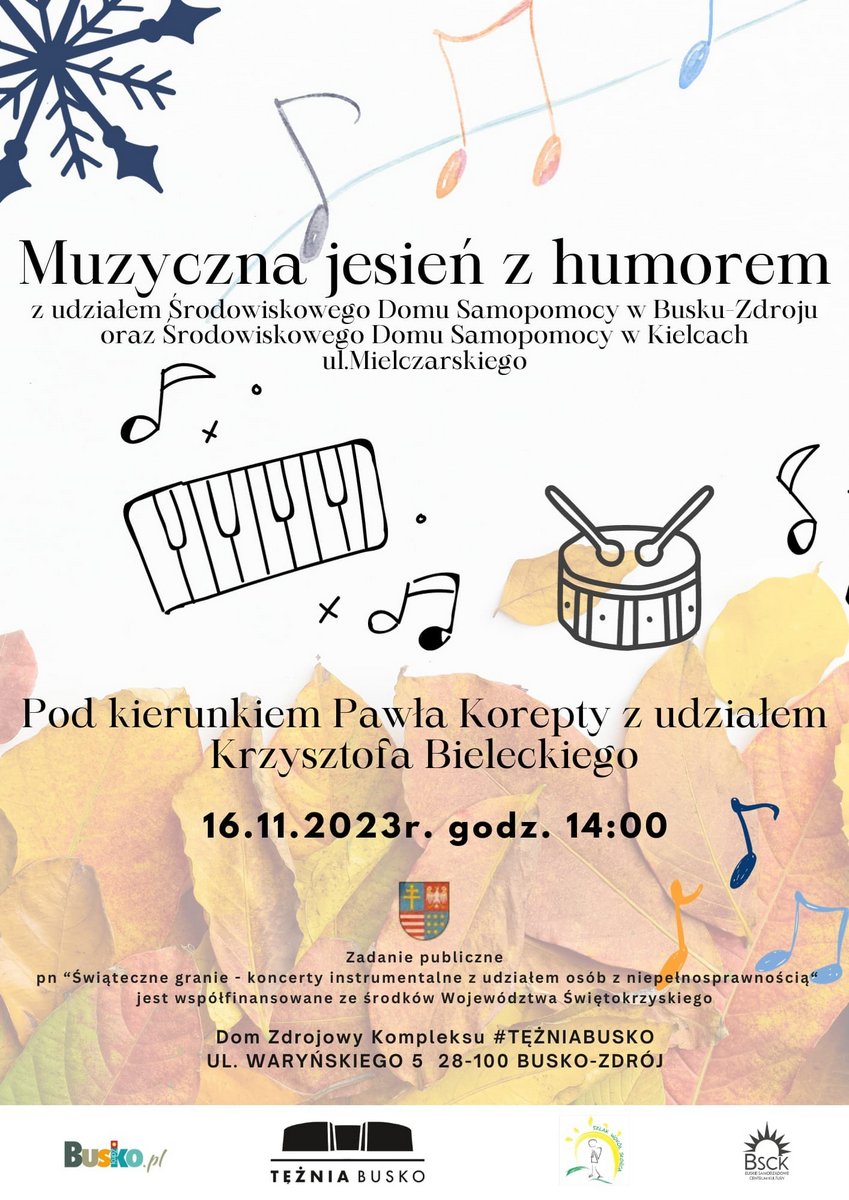plakat promujący koncert w domu zdrojowym, muzyczne i jesienne elementy graficzne