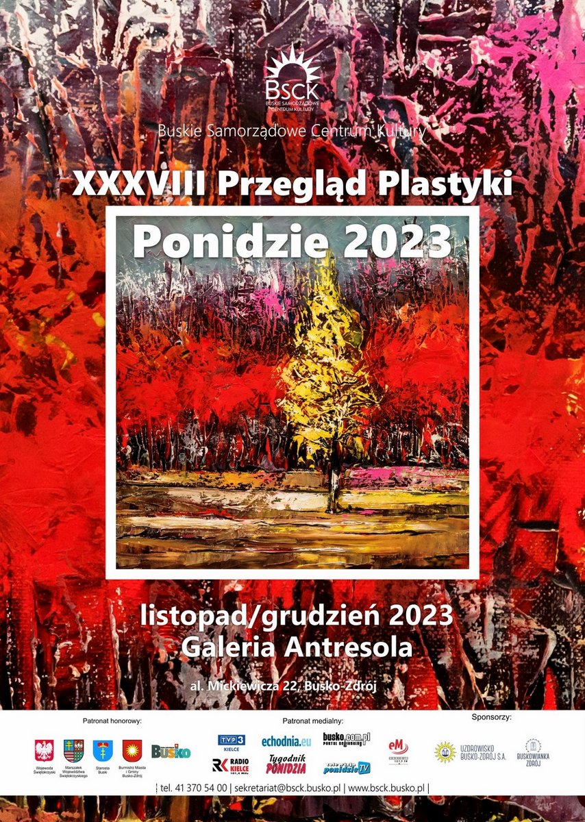 grafika promująca wernisaż wystawy przeglądu plastyki, w tle jedna z prac